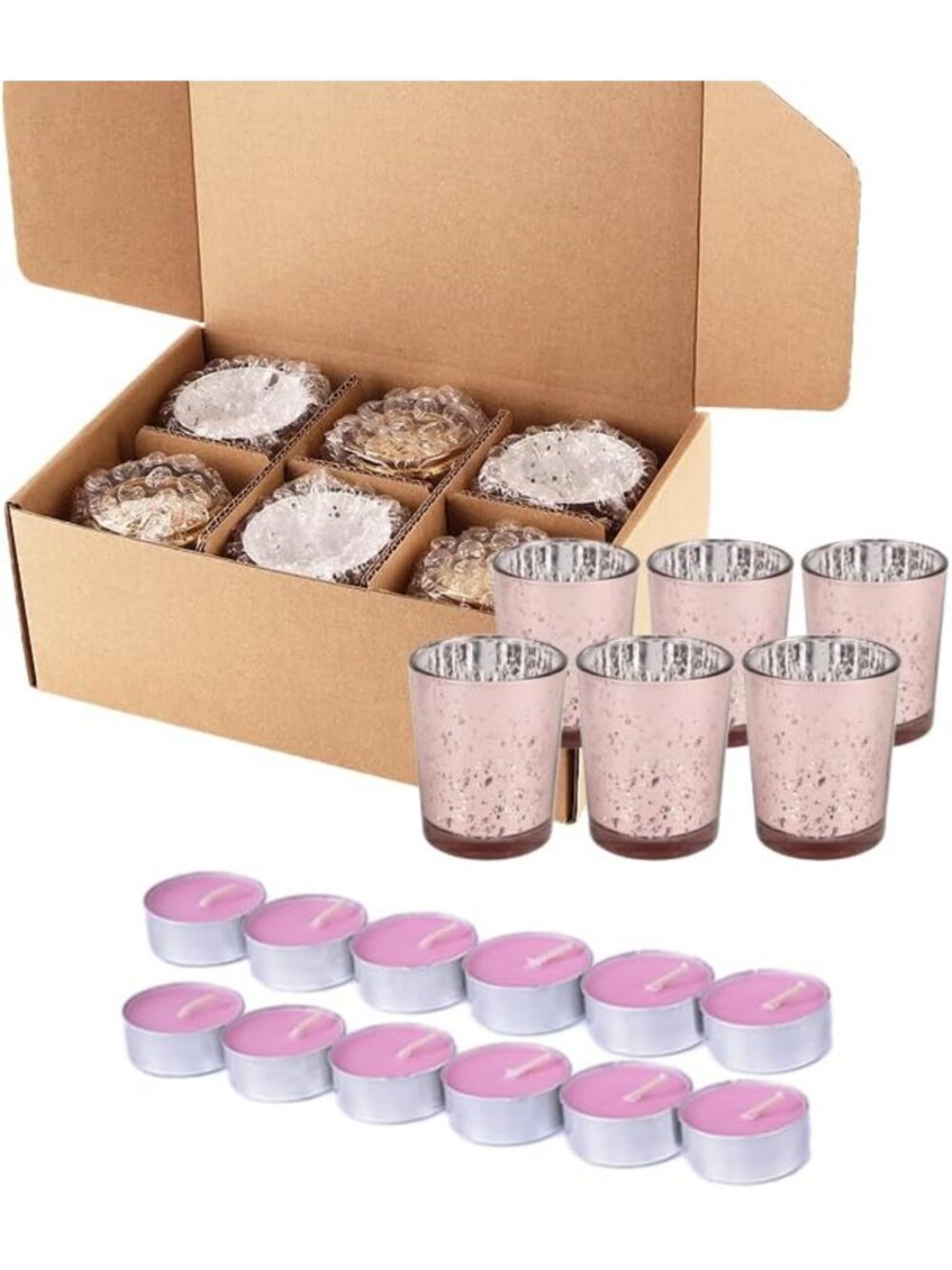 6-Pack Pink Mercury Glass Votive Candle Holders & 12 Tea Light Candles - Home